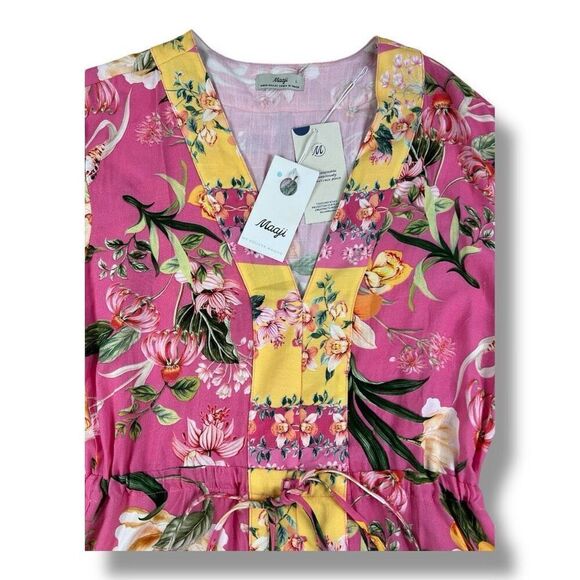 Maaji Botany Joy Kaftan Floral Pink Yellow Dress Bell Sleeve Size Large - Picture 4 of 8
